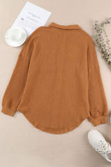 Waffle-Knit Collared Neck Long Sleeve Shirt - Trendsi - Flyclothing LLC