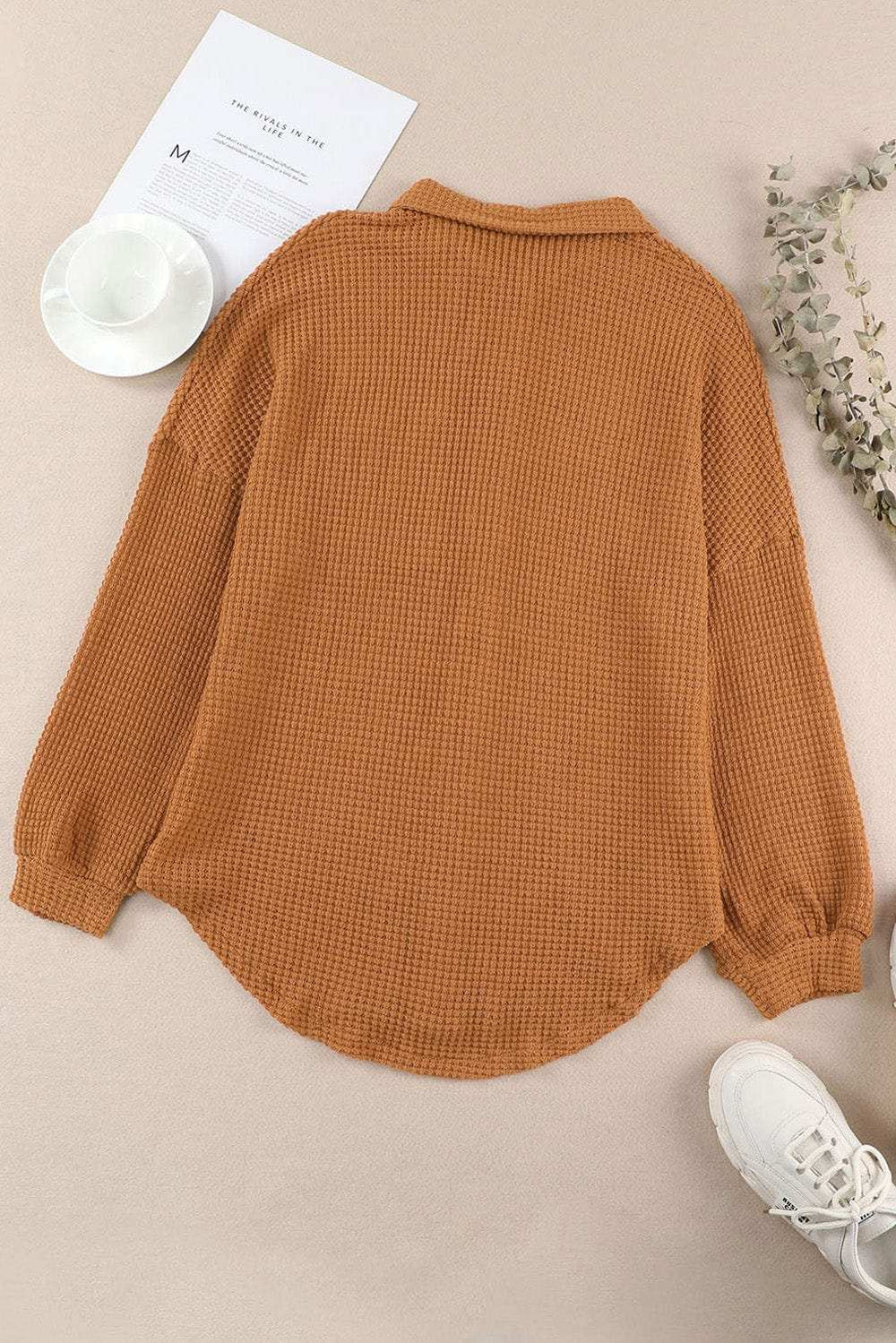Waffle-Knit Collared Neck Long Sleeve Shirt - Trendsi - Flyclothing LLC