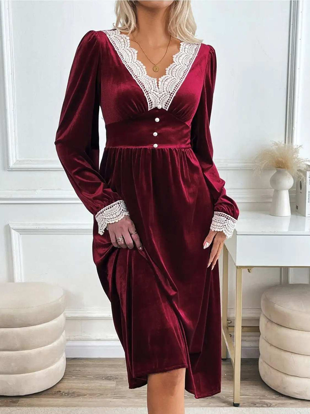 Perfee Lace Detail V-Neck Long Sleeve Midi Dress - Trendsi - Flyclothing LLC