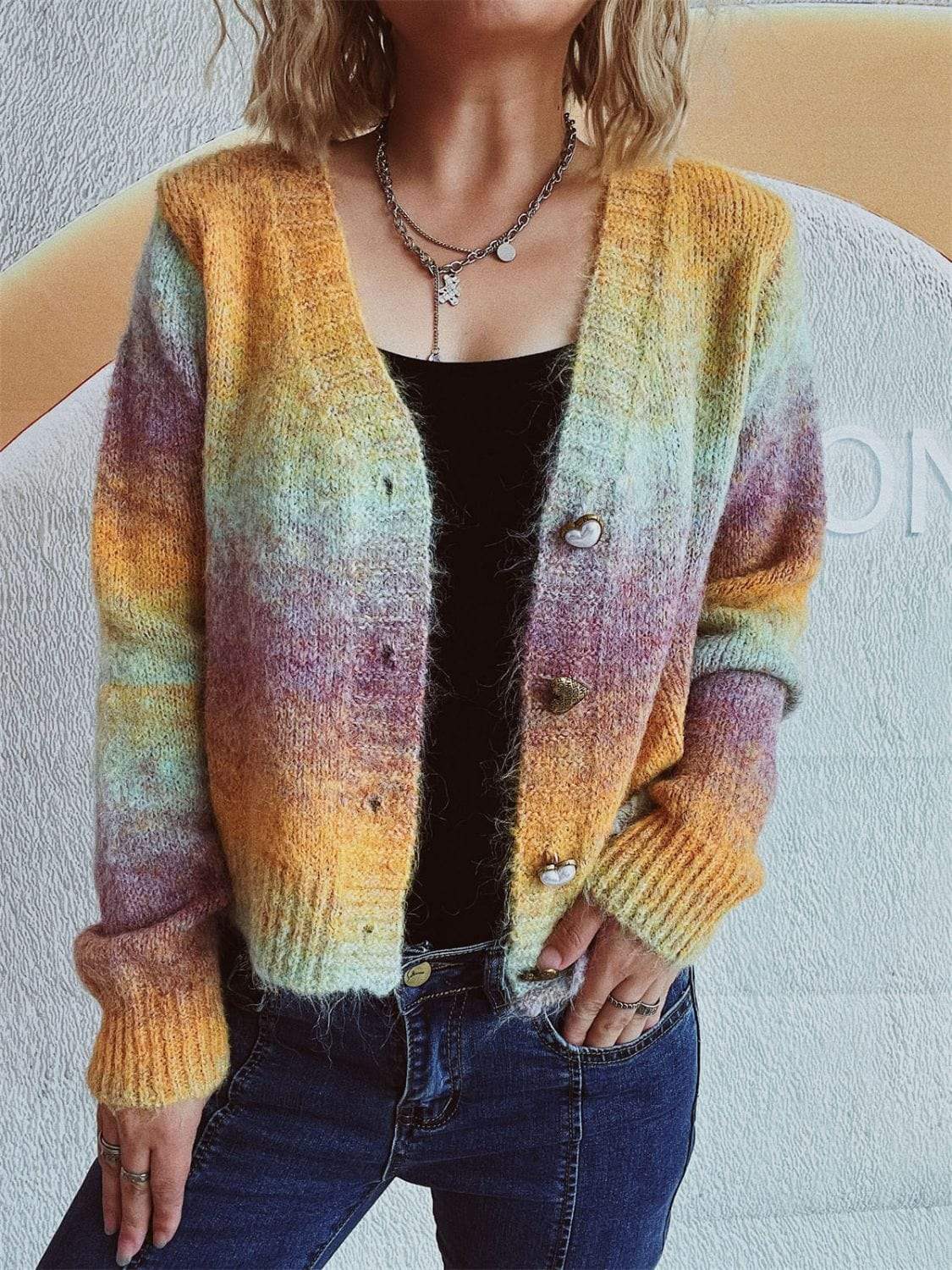 Gradient Heart Shape Button V-Neck Cardigan - Trendsi - Flyclothing LLC