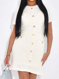 Button-Front Short Sleeve Textured Dress - Trendsi - Flyclothing LLC
