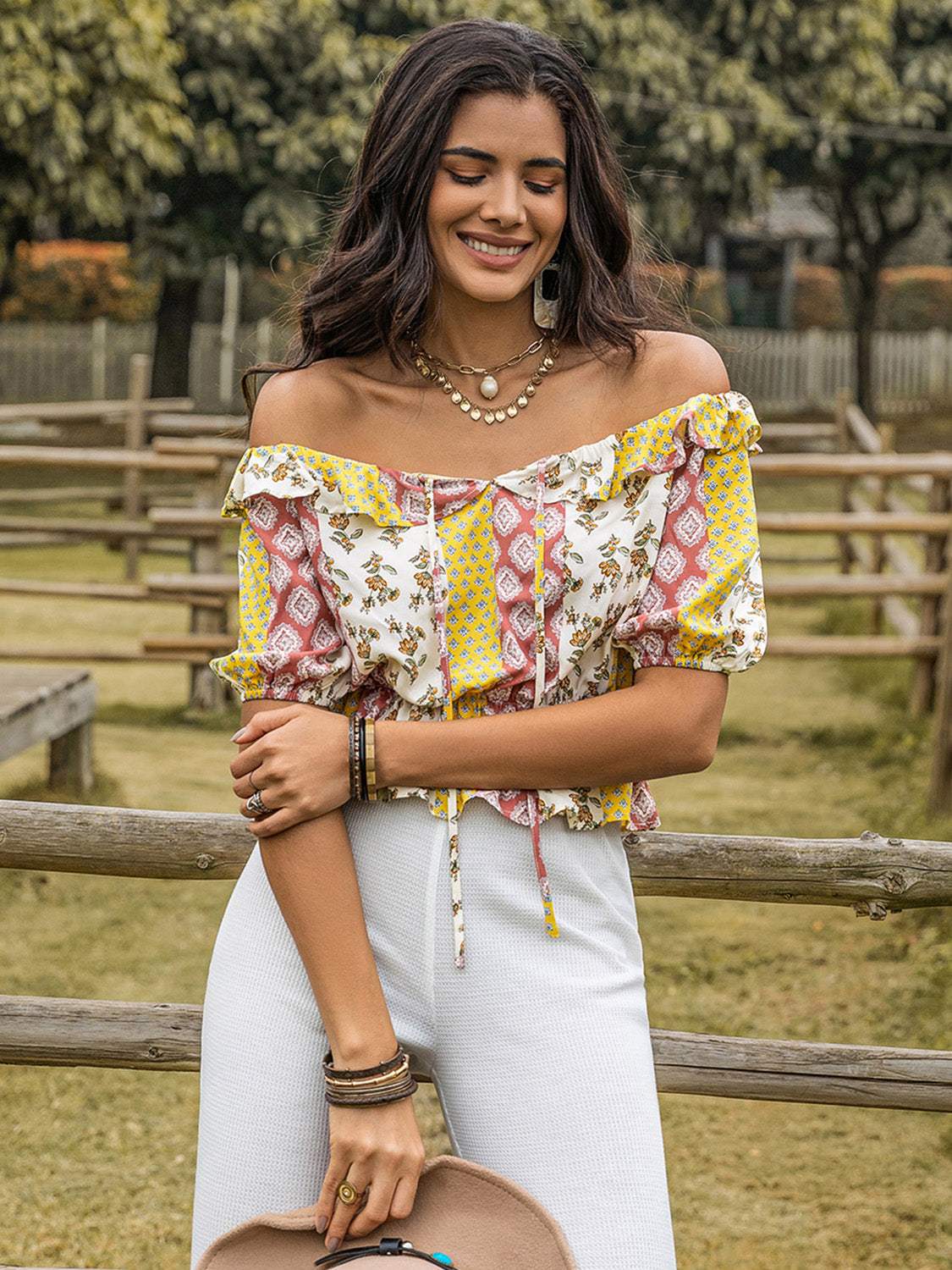 Ruffled Printed Off-Shoulder Short Sleeve Blouse - Trendsi - Flyclothing LLC