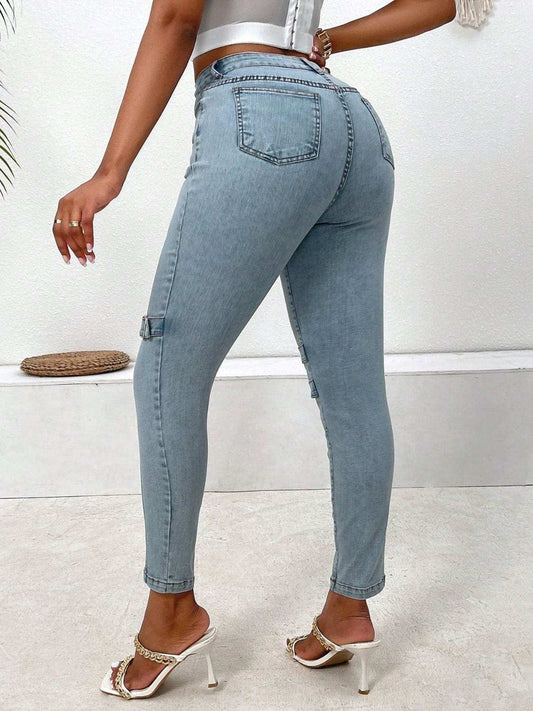 Decorative Buckle Skinny Jeans with Pockets - Trendsi - Flyclothing LLC