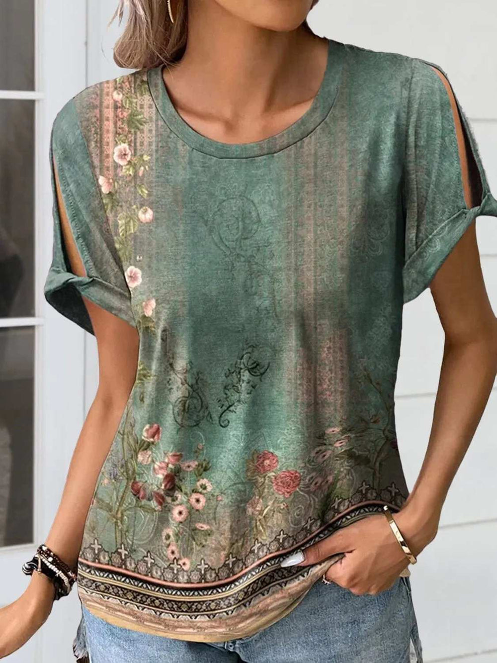 Cutout Printed Round Neck Short Sleeve Blouse - Trendsi - Flyclothing LLC