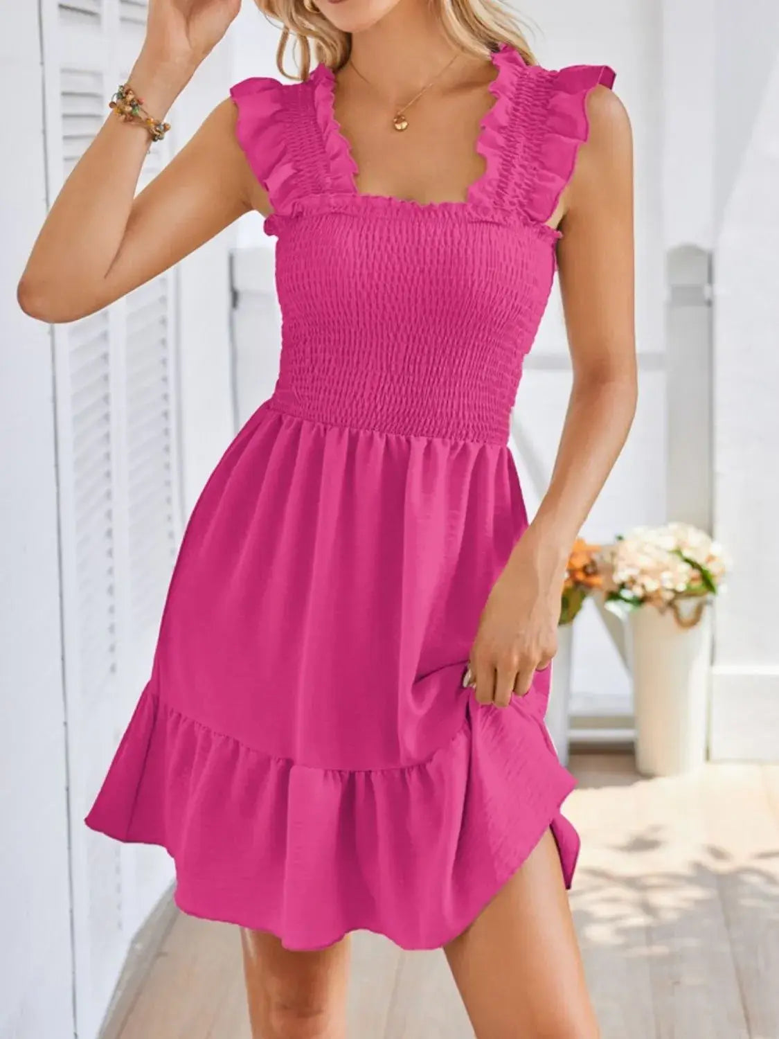 Smocked Square Neck Wide Strap Dress - Trendsi - Flyclothing LLC