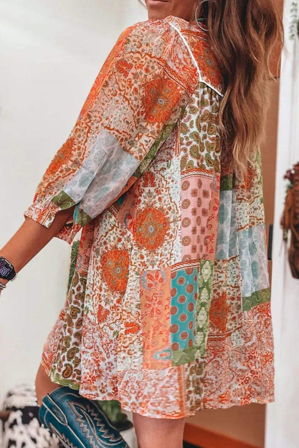 Tassel Printed Three-Quarter Sleeve Mini Dress - Trendsi - Flyclothing LLC