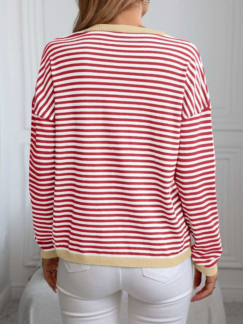 Contrast Trim Striped V-Neck Long Sleeve Knit Top - Trendsi - Flyclothing LLC
