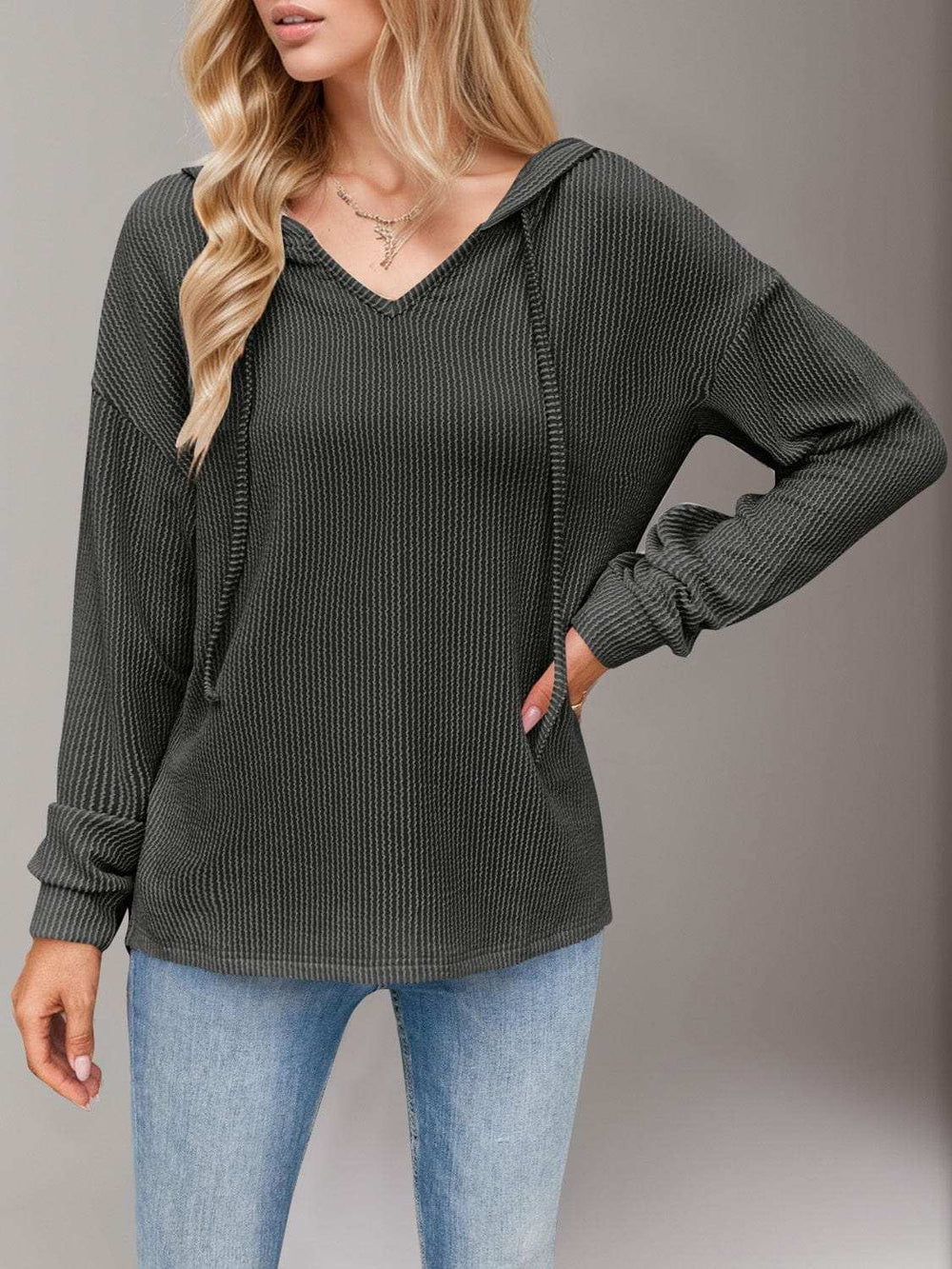 Double Take Drawstring Dropped Shoulder Long Sleeve Hoodie - Trendsi - Flyclothing LLC