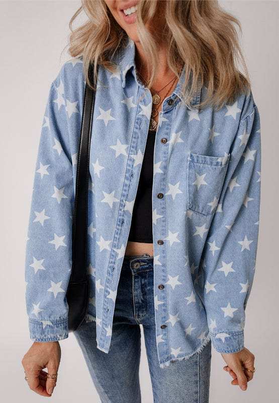 Raw Hem Star Collared Neck Denim Top - Trendsi - Flyclothing LLC