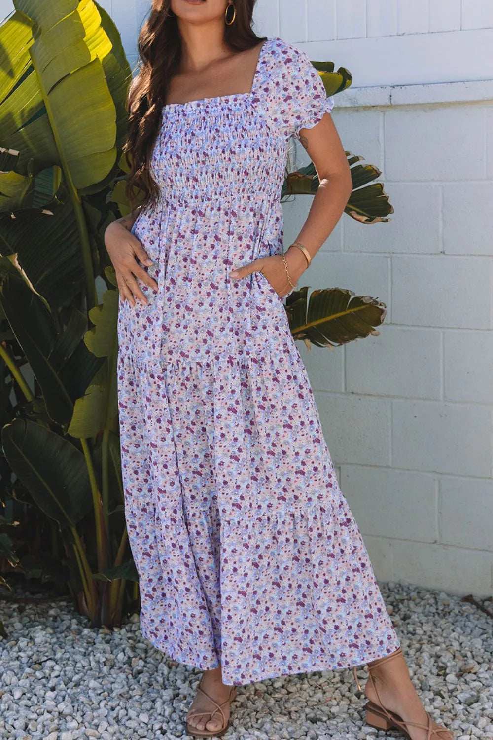 Tiered Floral Shirred High Waist Maxi Dress - Trendsi - Flyclothing LLC