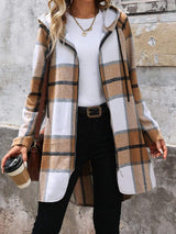 Drawstring Plaid Zip Up Long Sleeve Hooded Outerwear - Trendsi - Flyclothing LLC