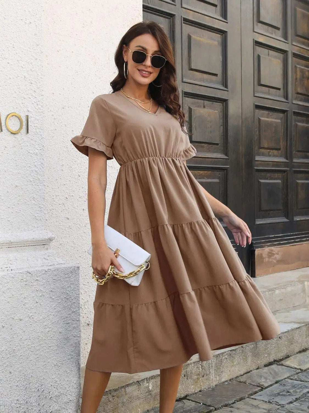 V-Neck Short Sleeve Midi Dress - Trendsi - Flyclothing LLC