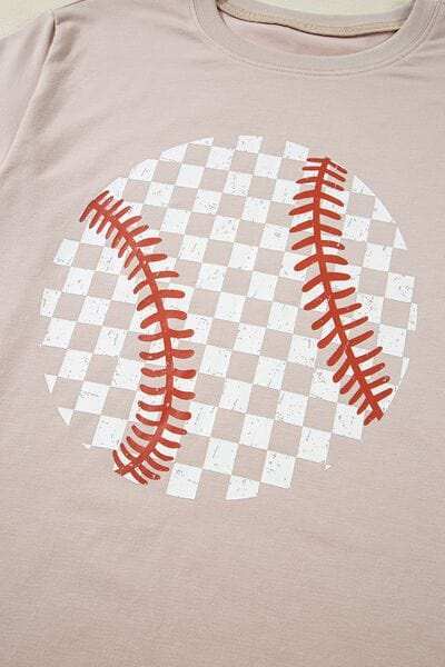 Contrast Checkered Baseball Graphic Round Neck Short Sleeve T-Shirt - Trendsi - Flyclothing LLC