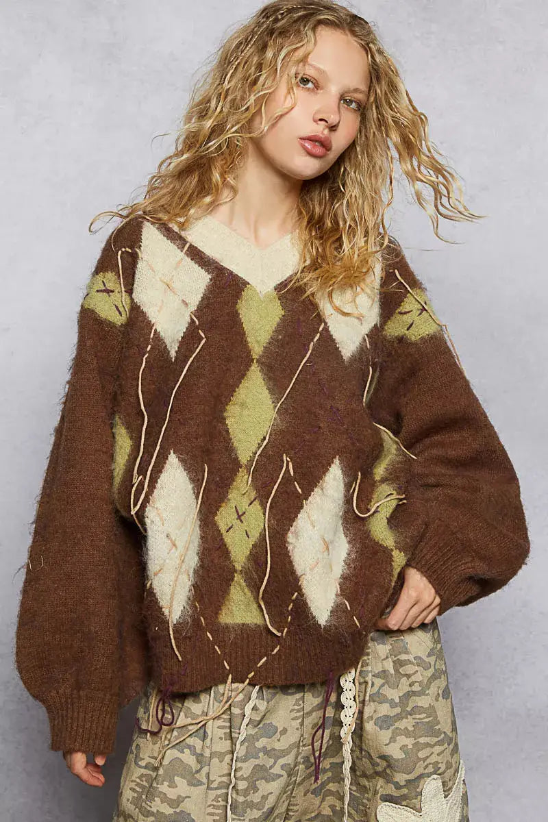 POL V-Neck Argyle Pattern Mohair Sweater with Contrast Exposed Stitch Detail - Trendsi - Flyclothing LLC