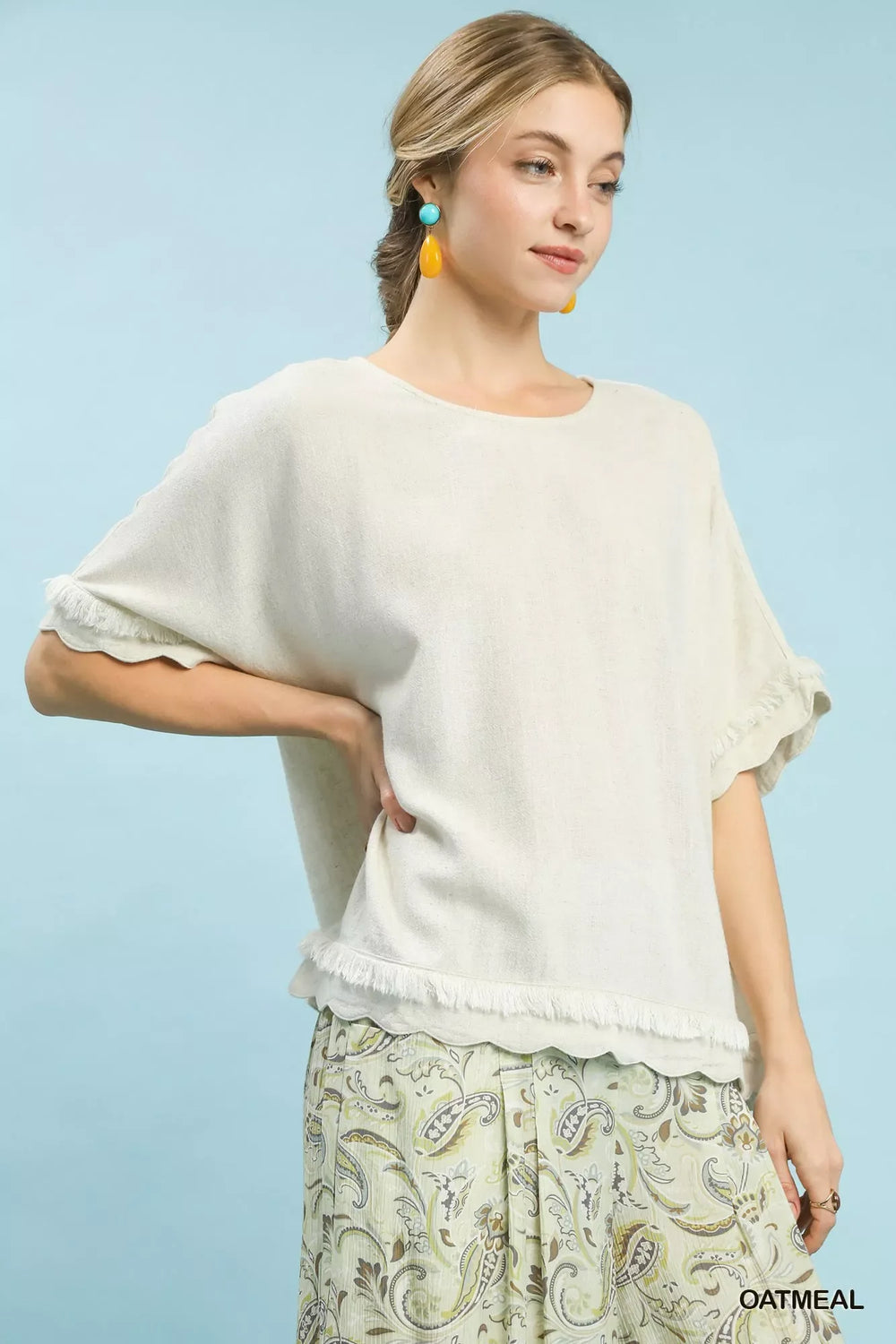 Umgee Linen Frayed Hem Scallop Edge Top - Trendsi - Flyclothing LLC