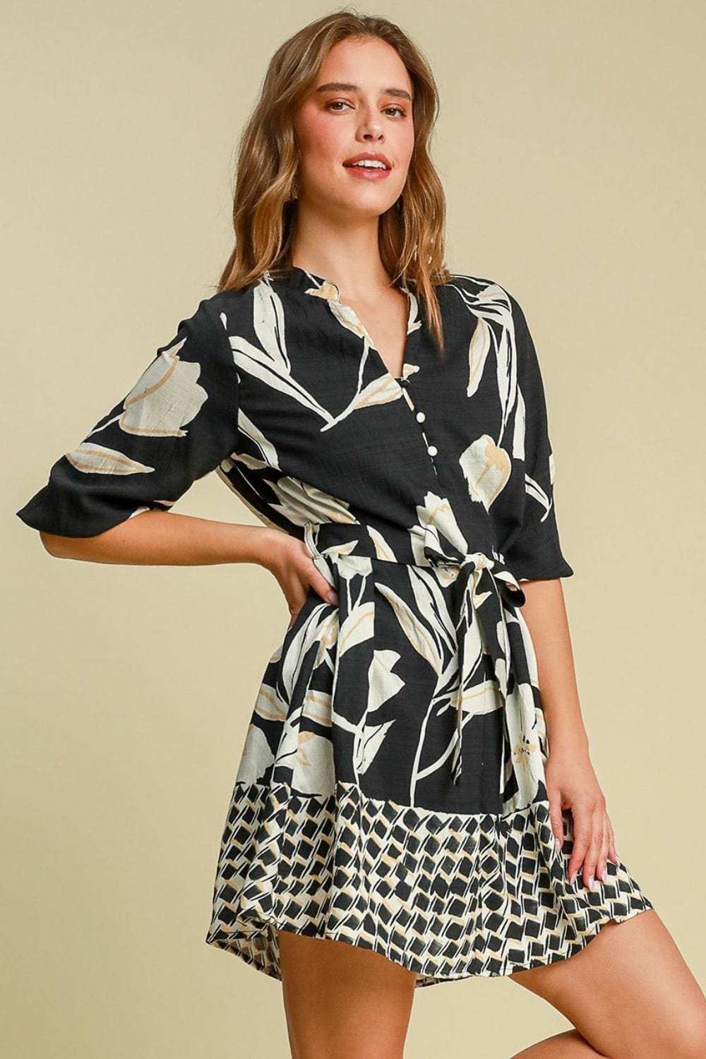 Umgee Full Size Floral Print Notched Tie Waist Mini Dress Plus Size - Trendsi - Flyclothing LLC