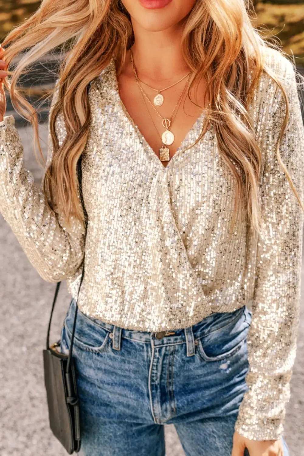 Sequin Surplice Long Sleeve Bodysuit - Trendsi - Flyclothing LLC