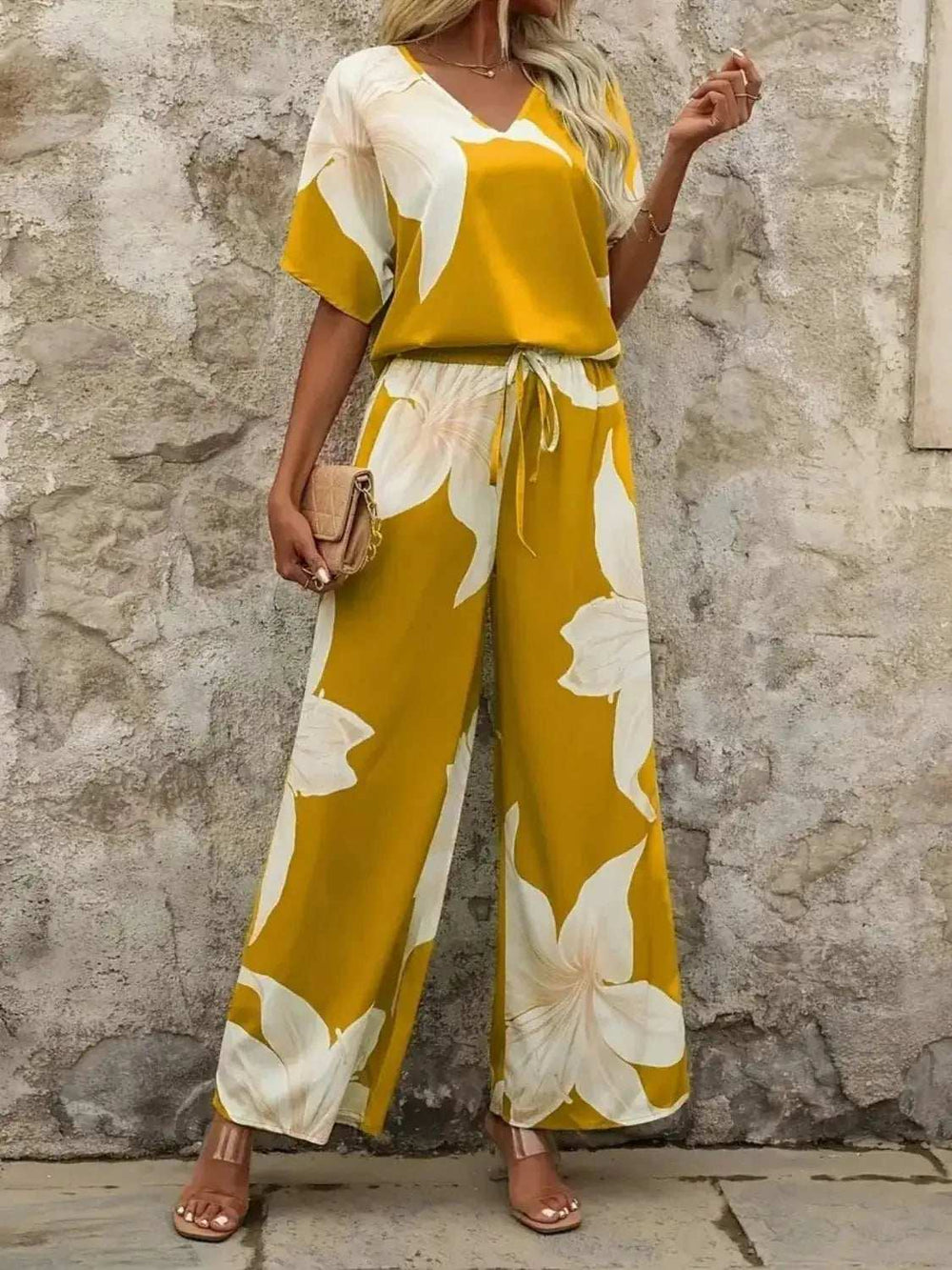 Printed V-Neck Top and Wide Leg Pants Set - Trendsi - Flyclothing LLC