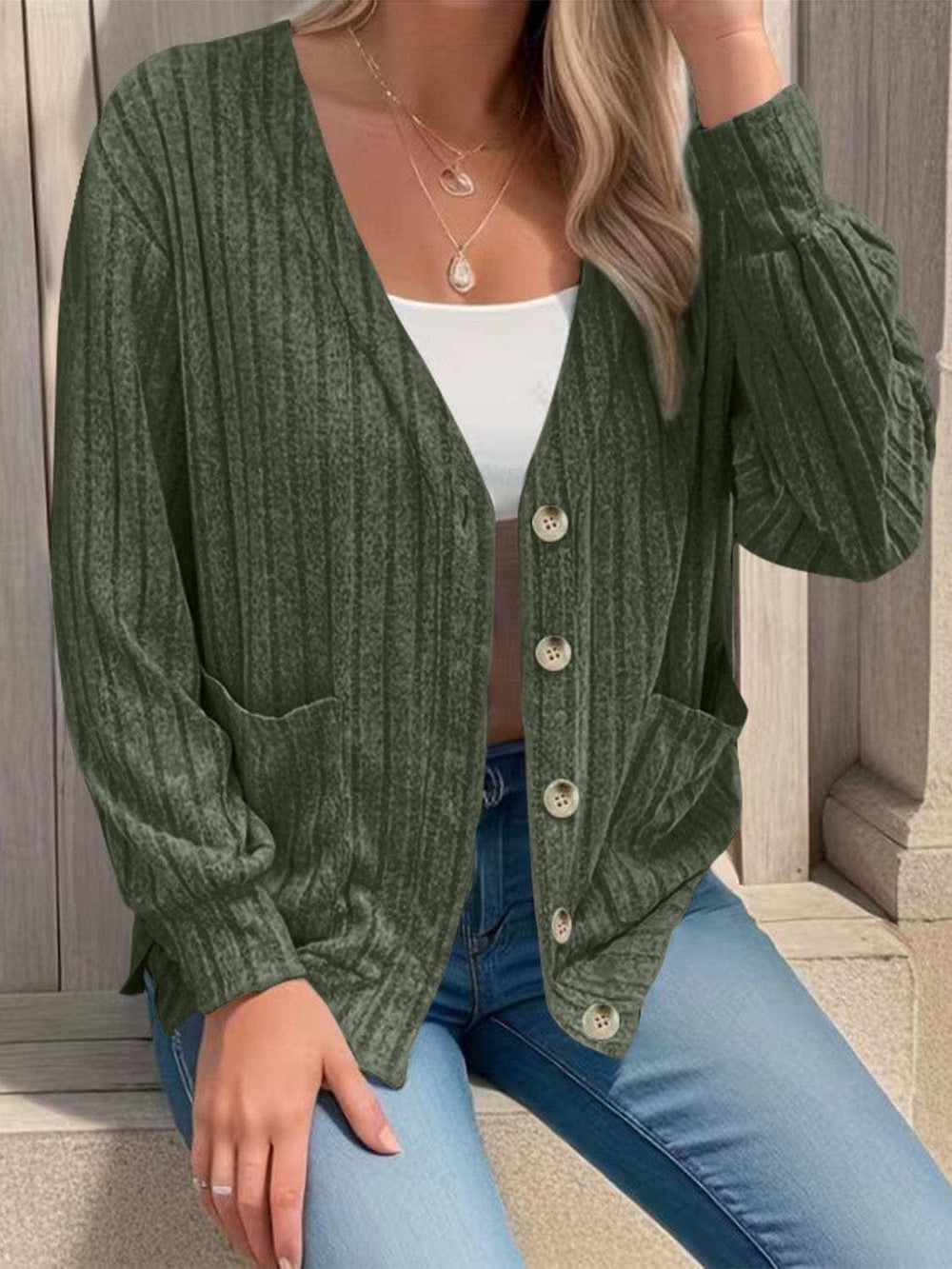 Full Size Button Up V-Neck Long Sleeve Cardigan - Trendsi - Flyclothing LLC