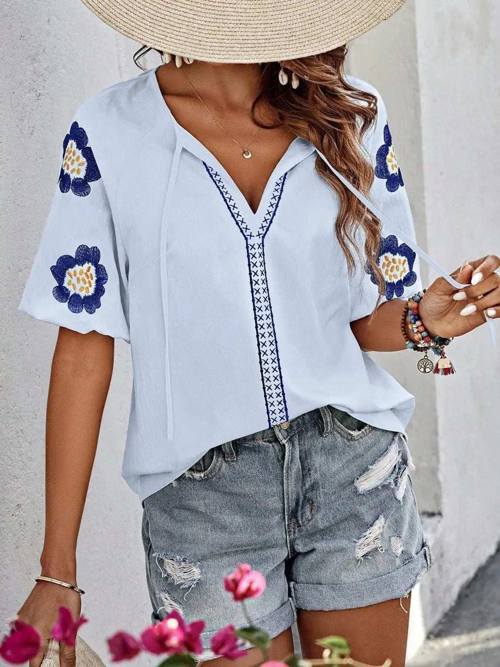 Embroidered Tie Neck Puff Sleeve Blouse - Trendsi - Flyclothing LLC