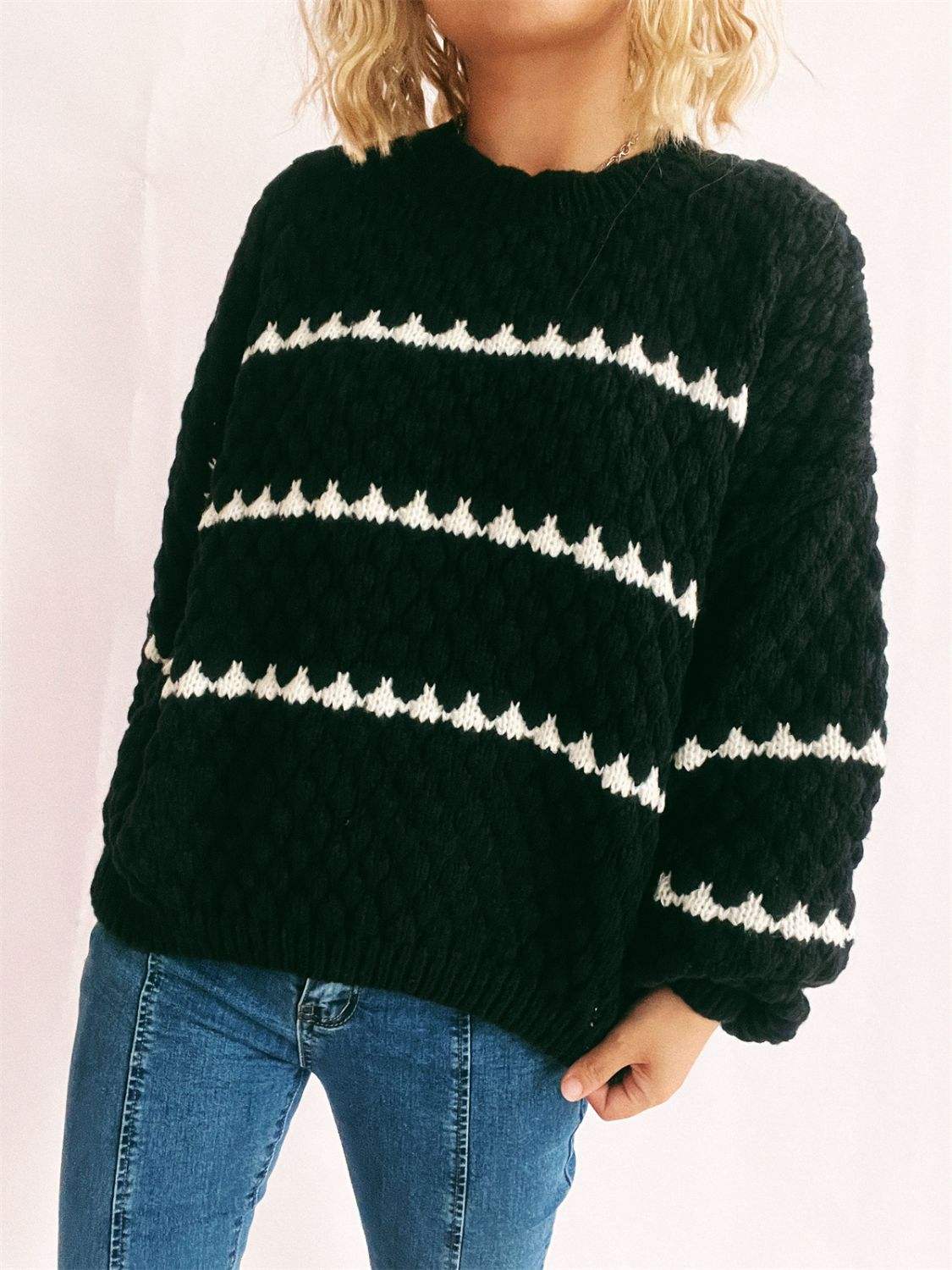 Contrast Stripes Round Neck Long Sleeve Sweater - Trendsi - Flyclothing LLC