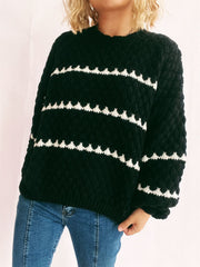 Contrast Stripes Round Neck Long Sleeve Sweater - Trendsi