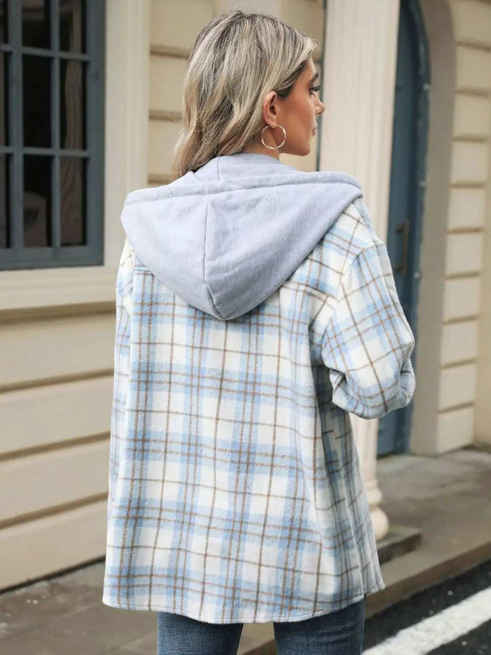 Drawstring Plaid Button Up Hooded Jacket - Trendsi - Flyclothing LLC