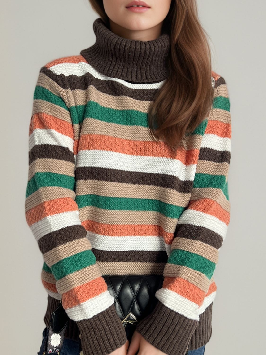 Contrast Stripes Turtleneck Long Sleeve Sweater - Trendsi