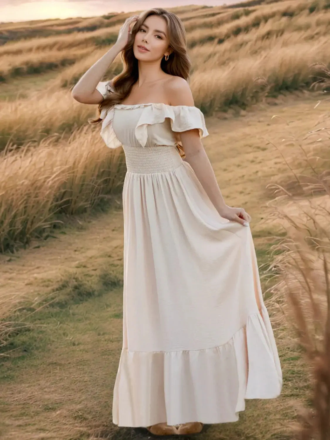 Ruffled Smocked Square Neck Maxi Dress - Trendsi - Flyclothing LLC