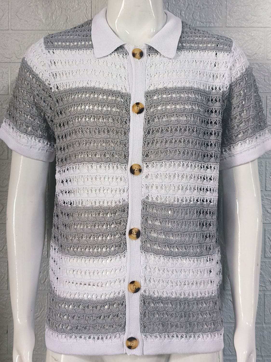 Men's Button Down Collared Neck Contrast Openwork Shirt - Trendsi - Flyclothing LLC
