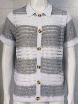 Men's Button Down Collared Neck Contrast Openwork Shirt - Trendsi - Flyclothing LLC