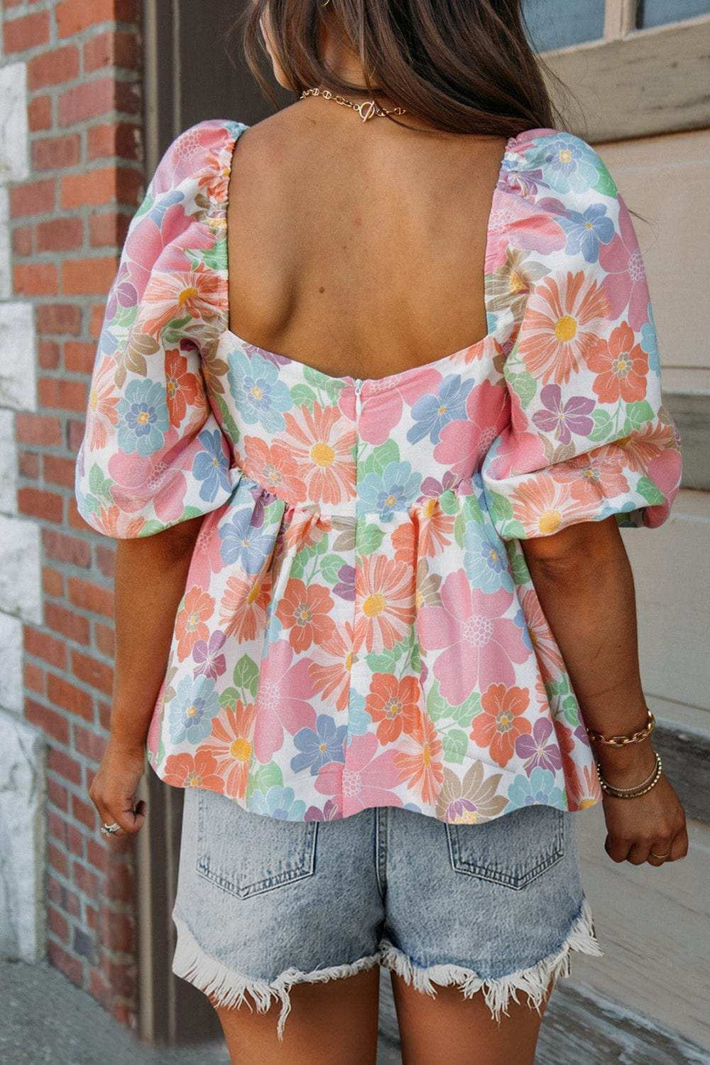 Printed Square Neck Half Sleeve Blouse - Trendsi - Flyclothing LLC