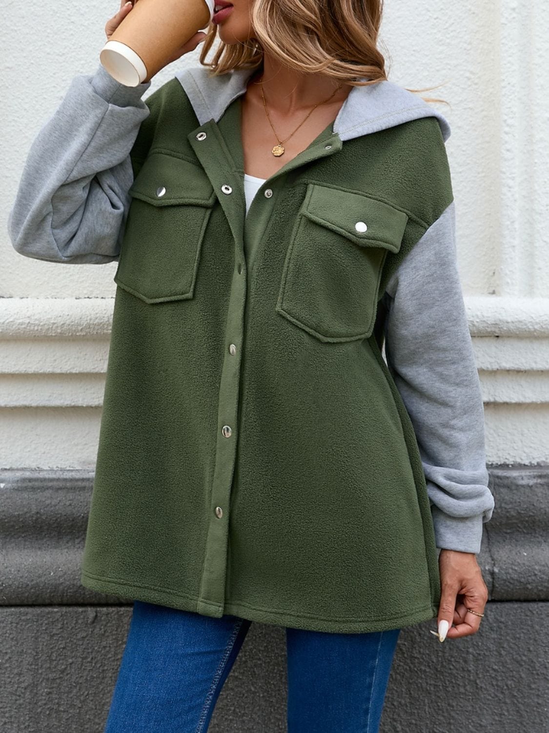 Pocketed Contrast Snap Down Hooded Jacket - Trendsi