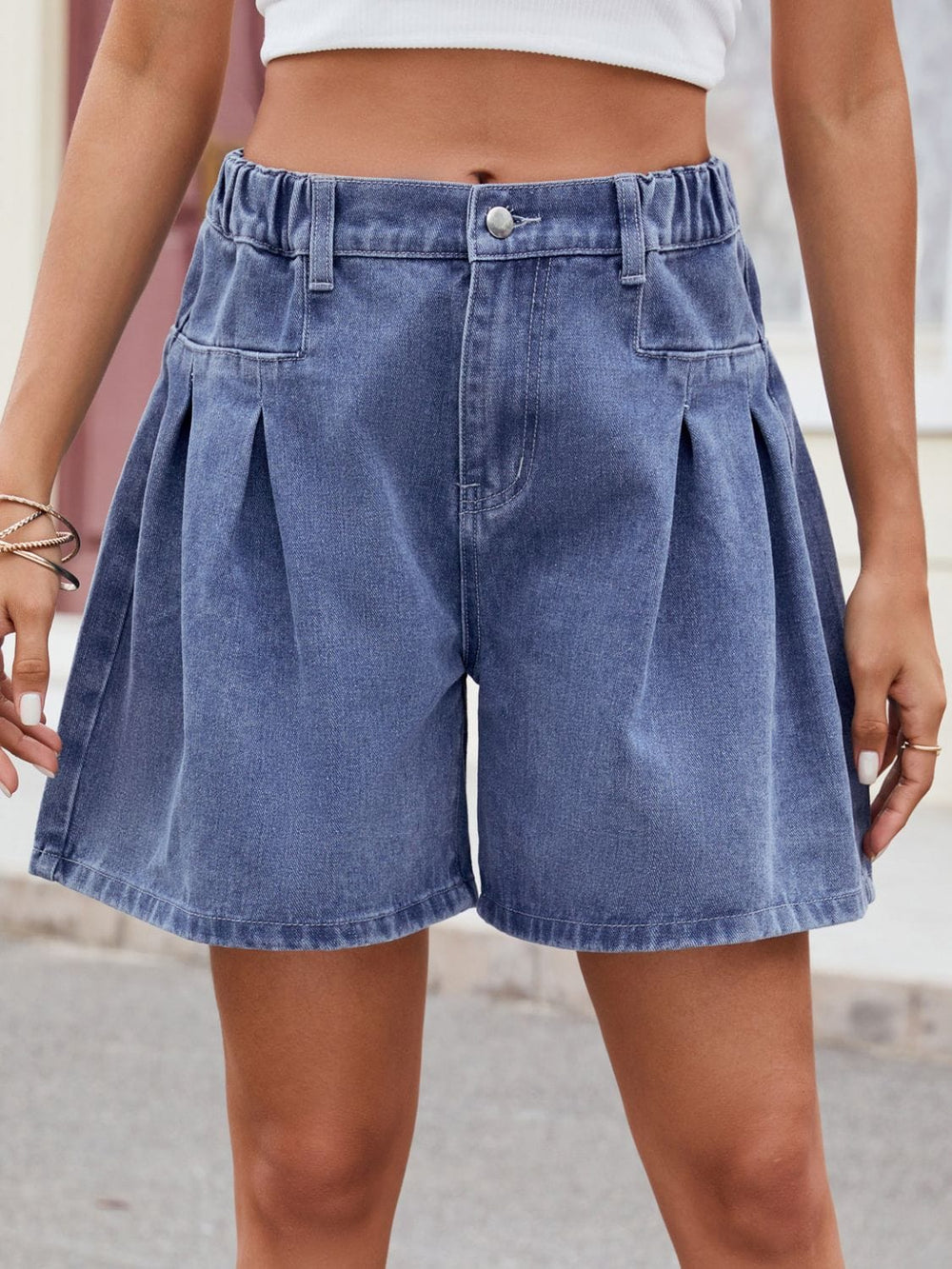 Ruched Half Elastic Waist Denim Shorts - Trendsi