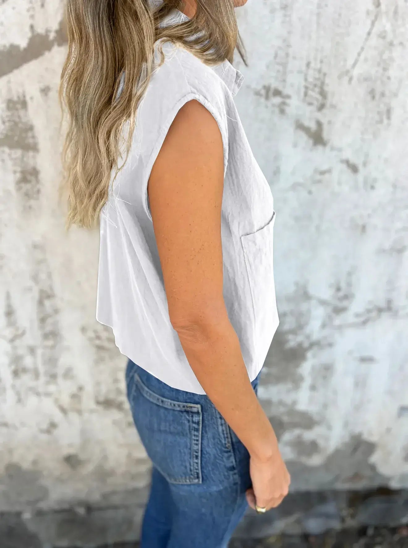 Full Size Button Down Cap Sleeve Linen Shirt Plus Size - Trendsi - Flyclothing LLC