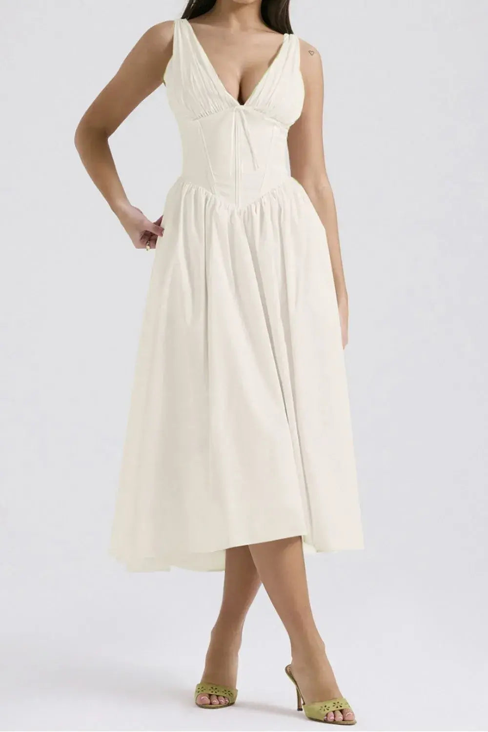 Ruched V-Neck Sleeveless Dress with Pockets - Trendsi - Flyclothing LLC