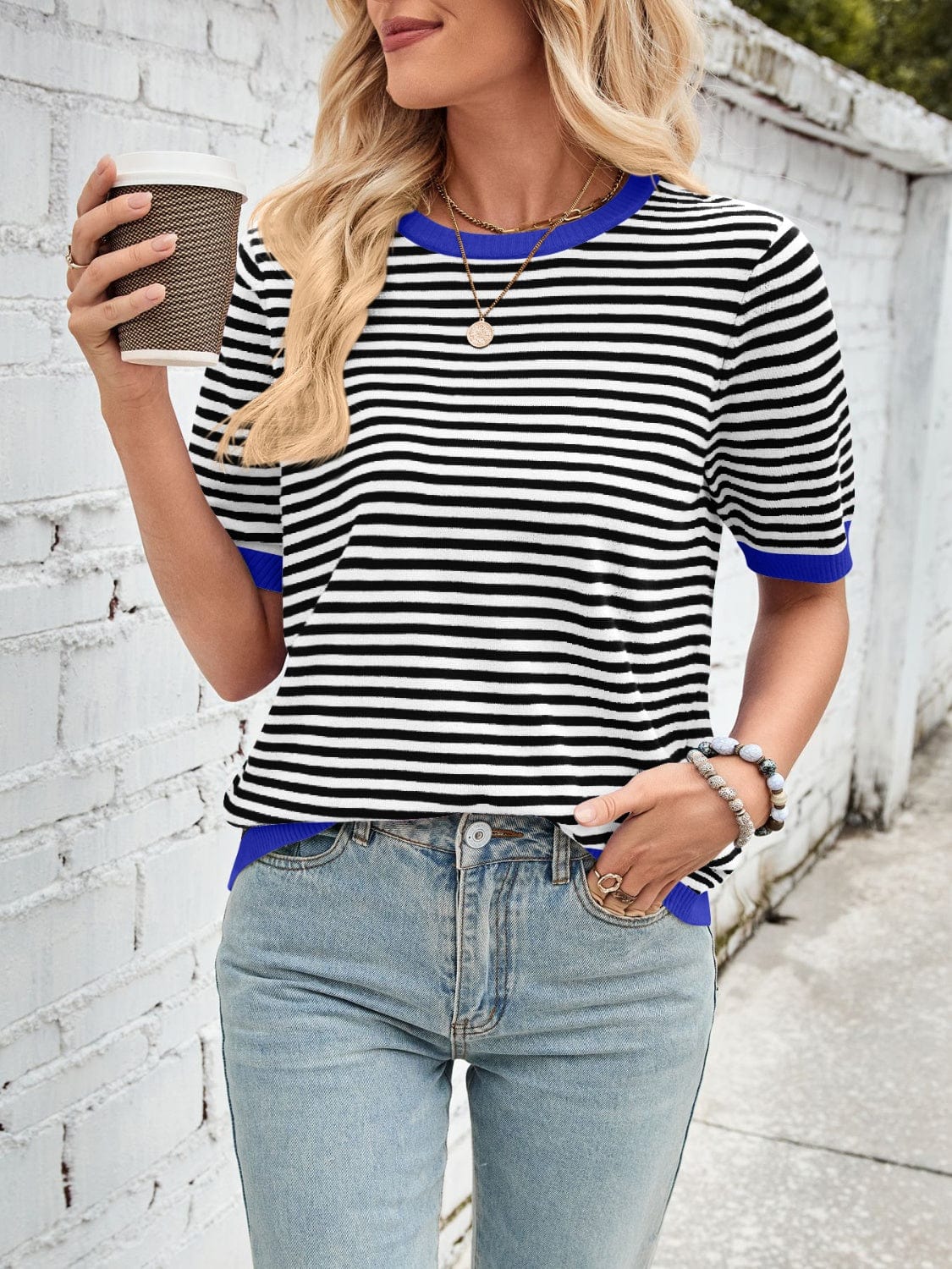 Lovelet Striped Contrast Round Neck Half Sleeve Knit Top - Trendsi