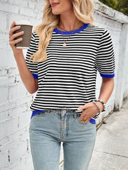 Lovelet Striped Contrast Round Neck Half Sleeve Knit Top - Trendsi