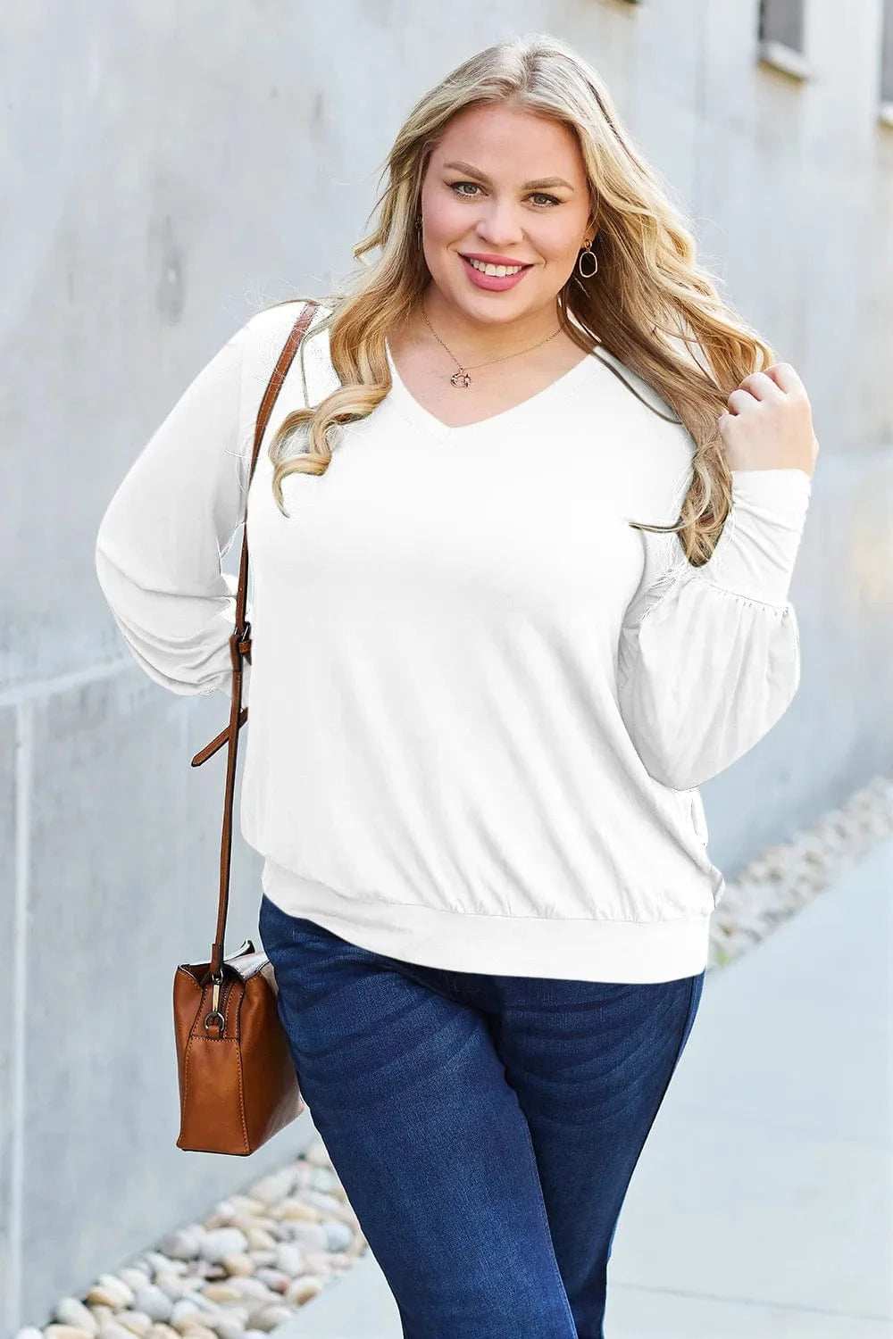 Basic Bae Full Size V-Neck Lantern Sleeve Top - Trendsi - Flyclothing LLC
