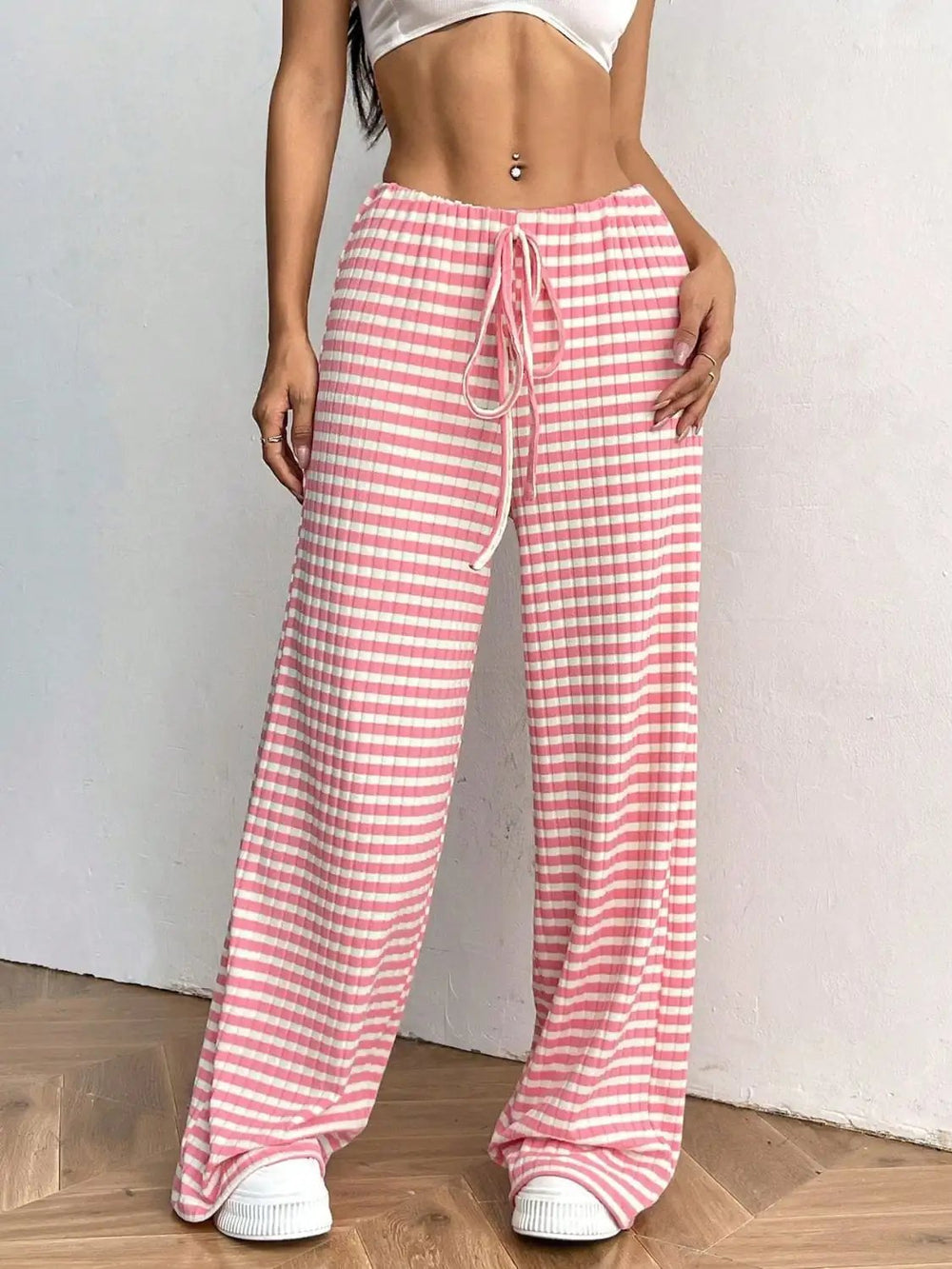 Tied Striped Wide Leg Pants - Trendsi