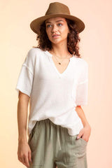 Waffle-Knit Notched Half Sleeve T-Shirt - Trendsi - Flyclothing LLC