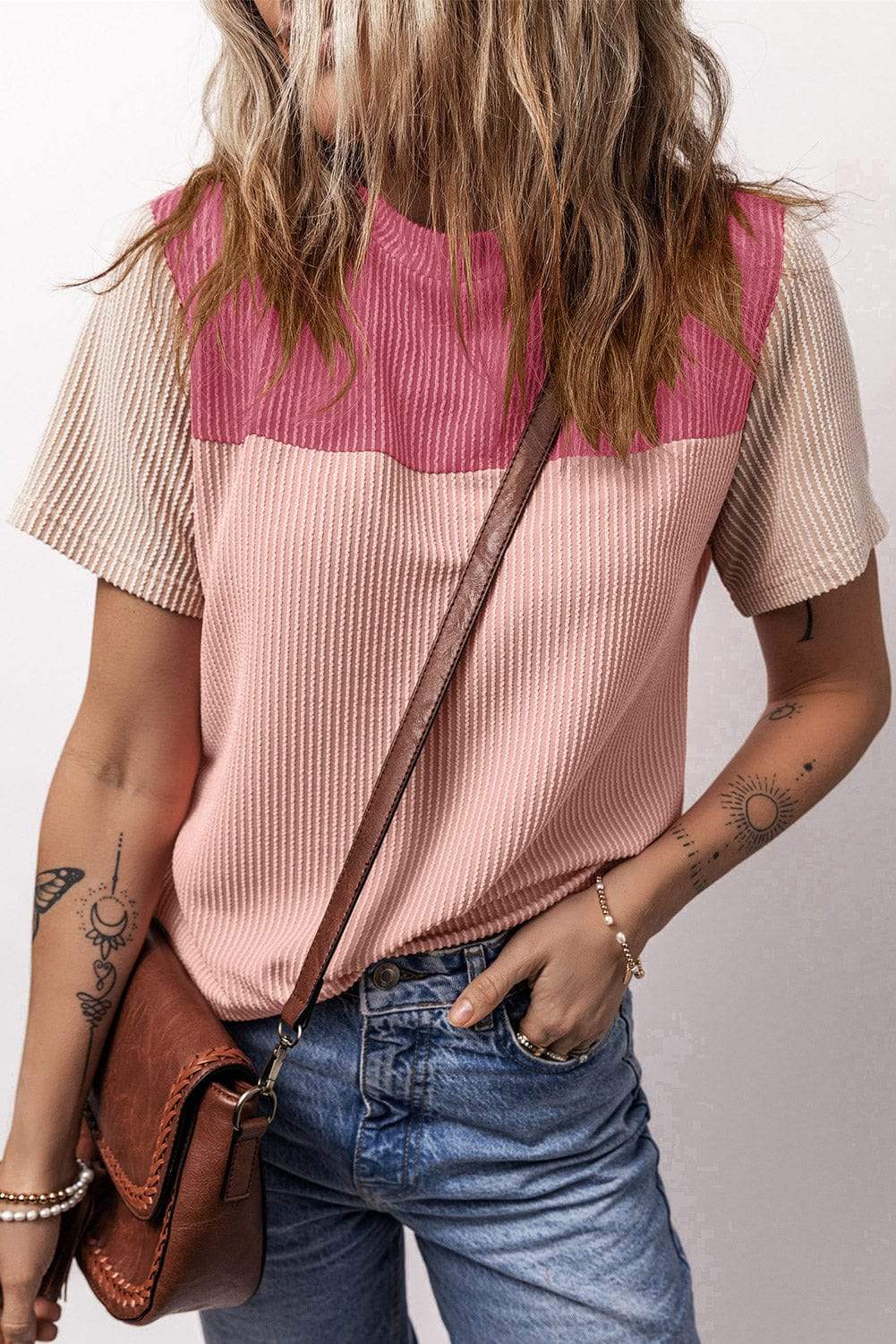 Color Block Round Neck Short Sleeve T-Shirt - Trendsi - Flyclothing LLC