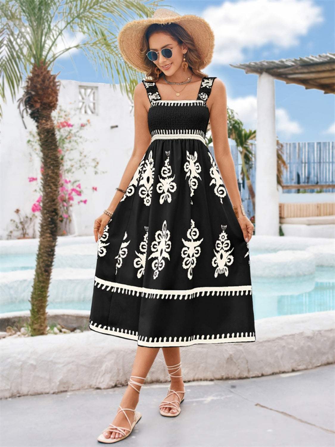 Printed Square Neck Wide Strap Midi Dress - Trendsi - Flyclothing LLC