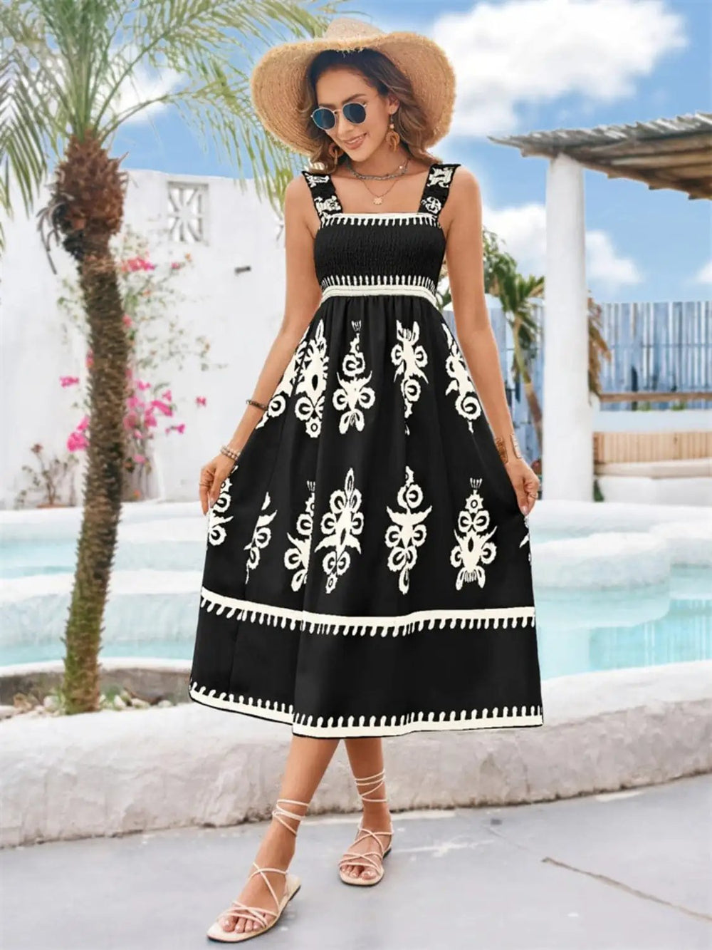 Printed Square Neck Wide Strap Midi Dress - Trendsi
