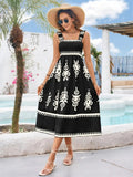 Printed Square Neck Wide Strap Midi Dress - Trendsi
