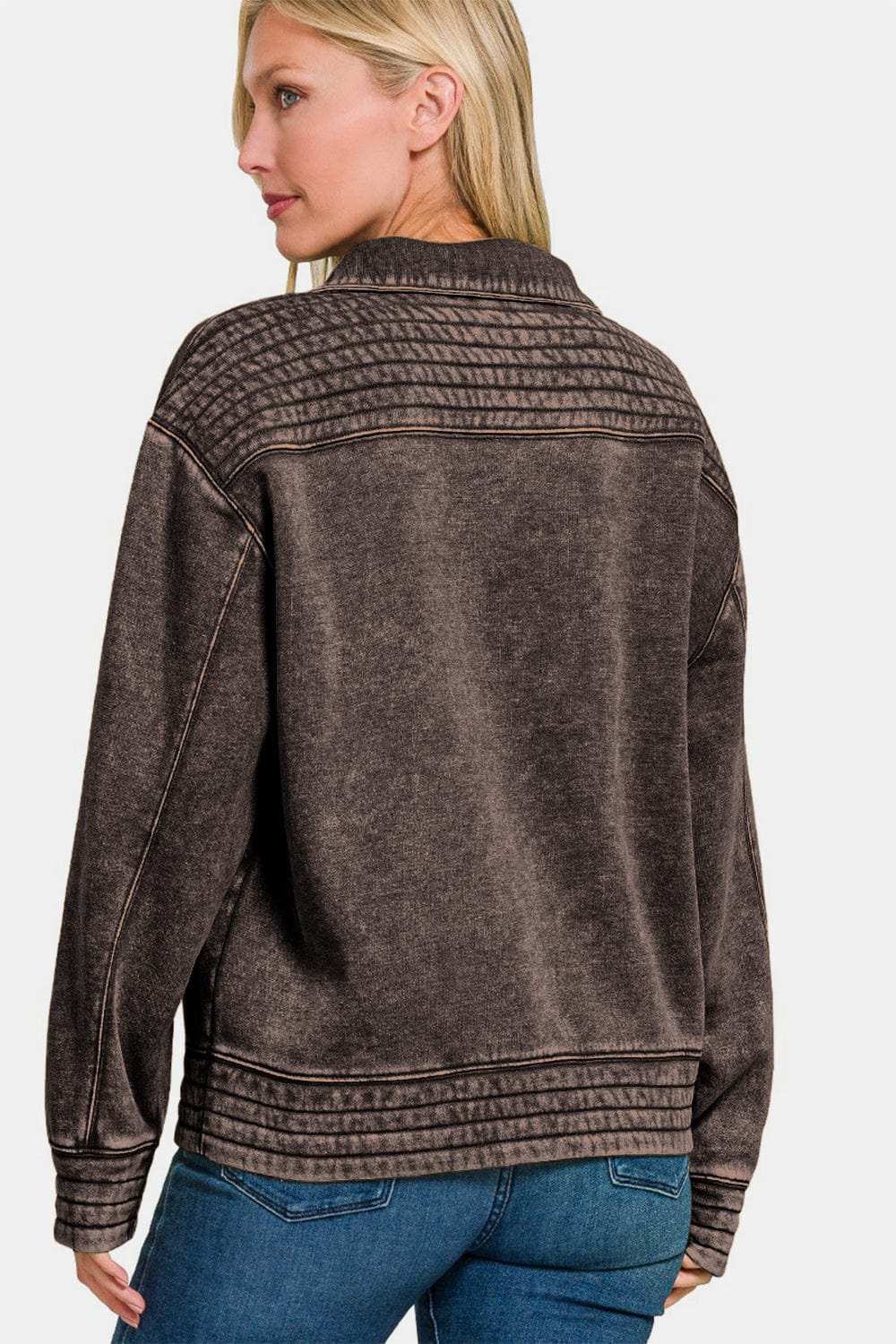 Zenana Acid Washed Half Snap Fleece Sweatshirt - Trendsi - Flyclothing LLC