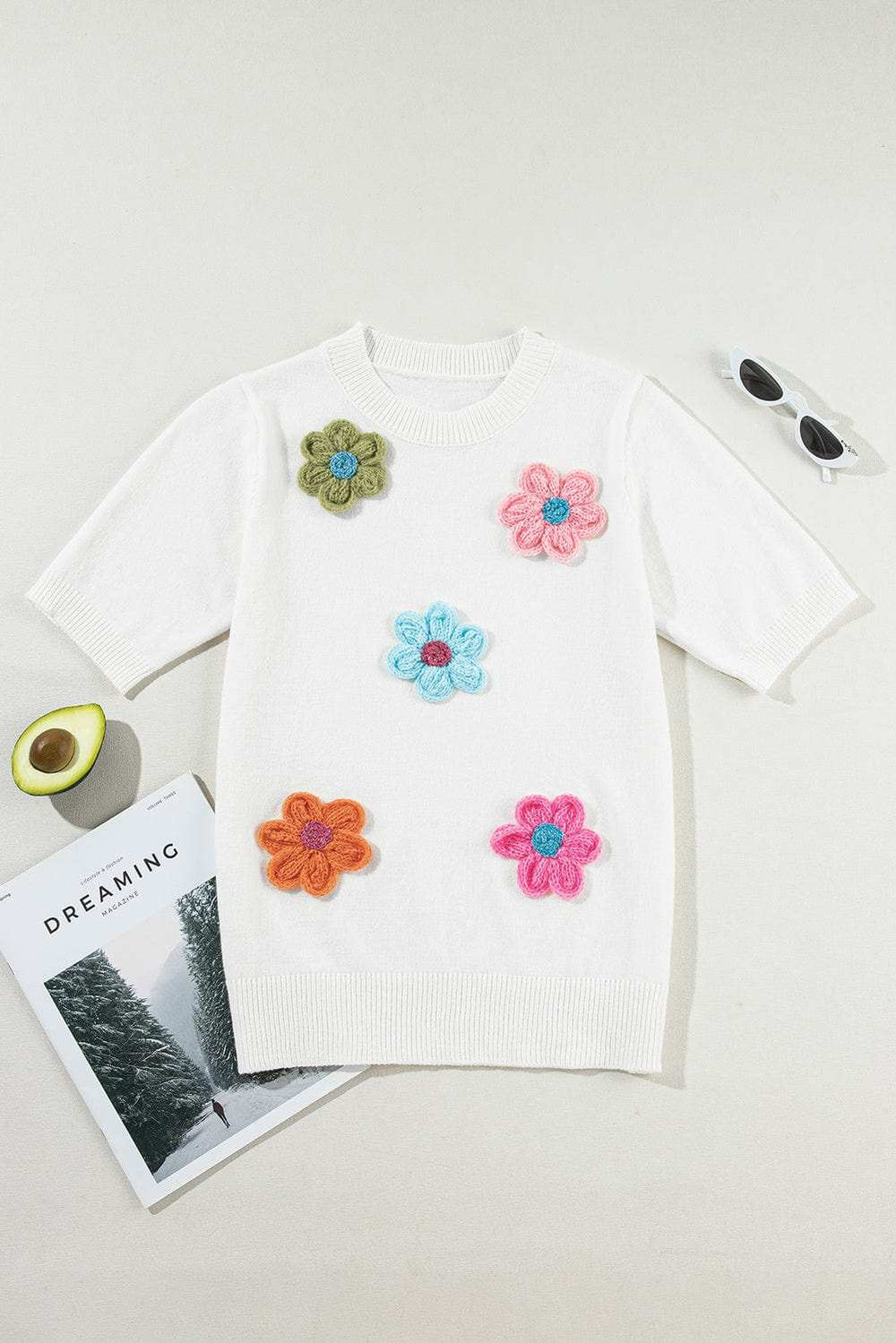 Flower Round Neck Short Sleeve Sweater - Trendsi - Flyclothing LLC