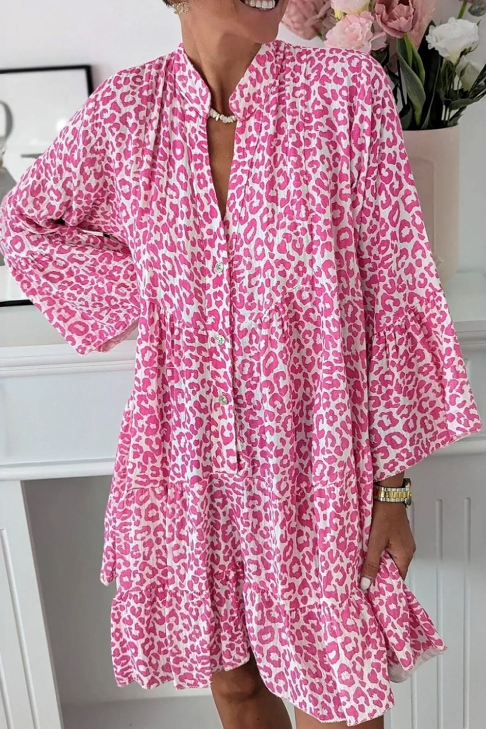 Leopard Notched Long Sleeve Shirt Dress - Trendsi