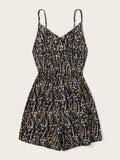 Printed V-Neck Spaghetti Strap Romper - Trendsi