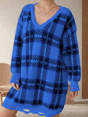 Distressed Plaid V-Neck Long Sleeve Sweater Dress - Trendsi